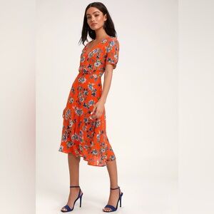 Lulus Floral Midi Dress Size M Orange Short Sleeves V-Neck Chiffon Button Front